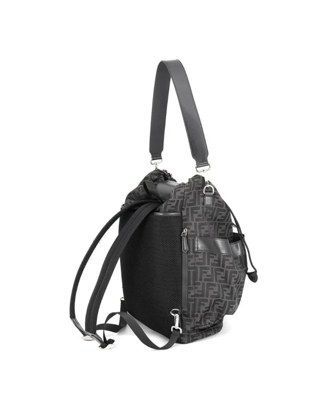 Fendi Backpack Drawstring FF Jacquard Leather Black